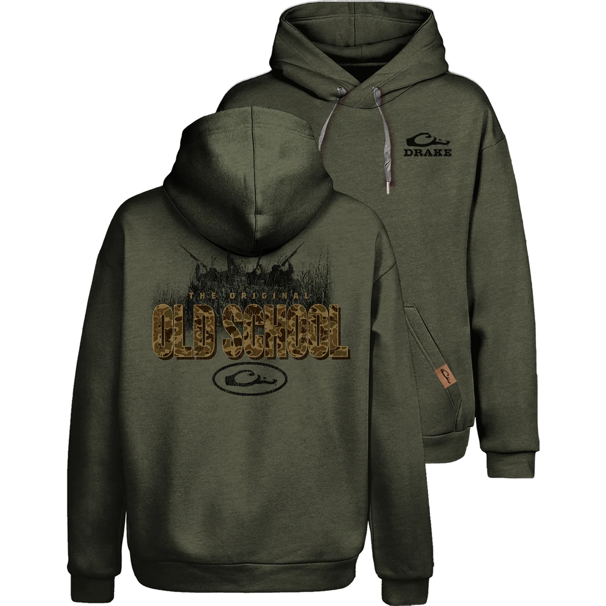 An olive green pullover hoodie shown from both the front and back. The front features a small black 'DRAKE' logo on the left chest, and the back features a large graphic with 'OLD SCHOOL' in a textured gold font over a black silhouette, along with a circular logo below.