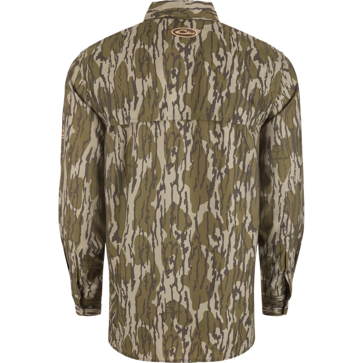 A long-sleeve camouflage shirt shown from the back, featuring an abstract bark-like pattern in shades of olive green, tan, and brown. A circular logo patch is visible on the upper back neck.