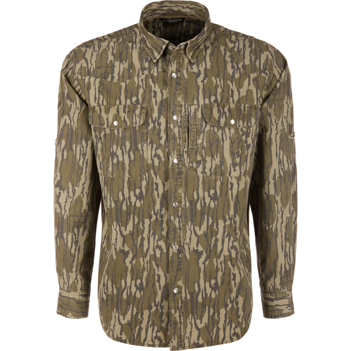 A long-sleeve button-up shirt with a vertical bark camouflage pattern in shades of olive green, brown, and tan, featuring two chest pockets and button closures.