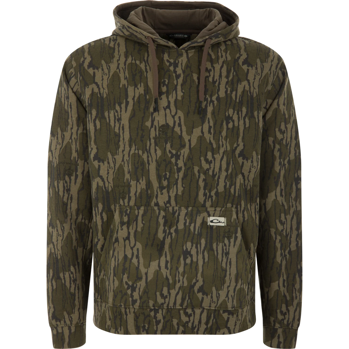 A camouflage pullover hoodie in shades of olive green, brown, and black, featuring a front kangaroo pocket and a small white embroidered logo patch on the lower left chest.