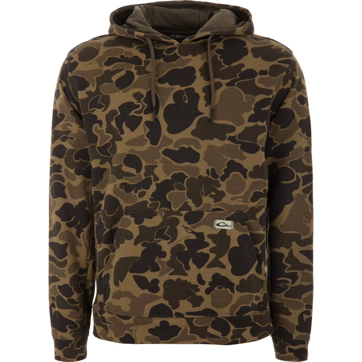 A brown and black camouflage hoodie with a kangaroo pocket and drawstrings, shown against a plain white background.