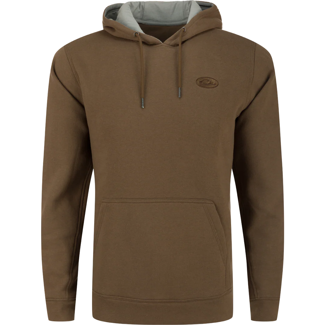 Brown hoodie with a logo on a white background