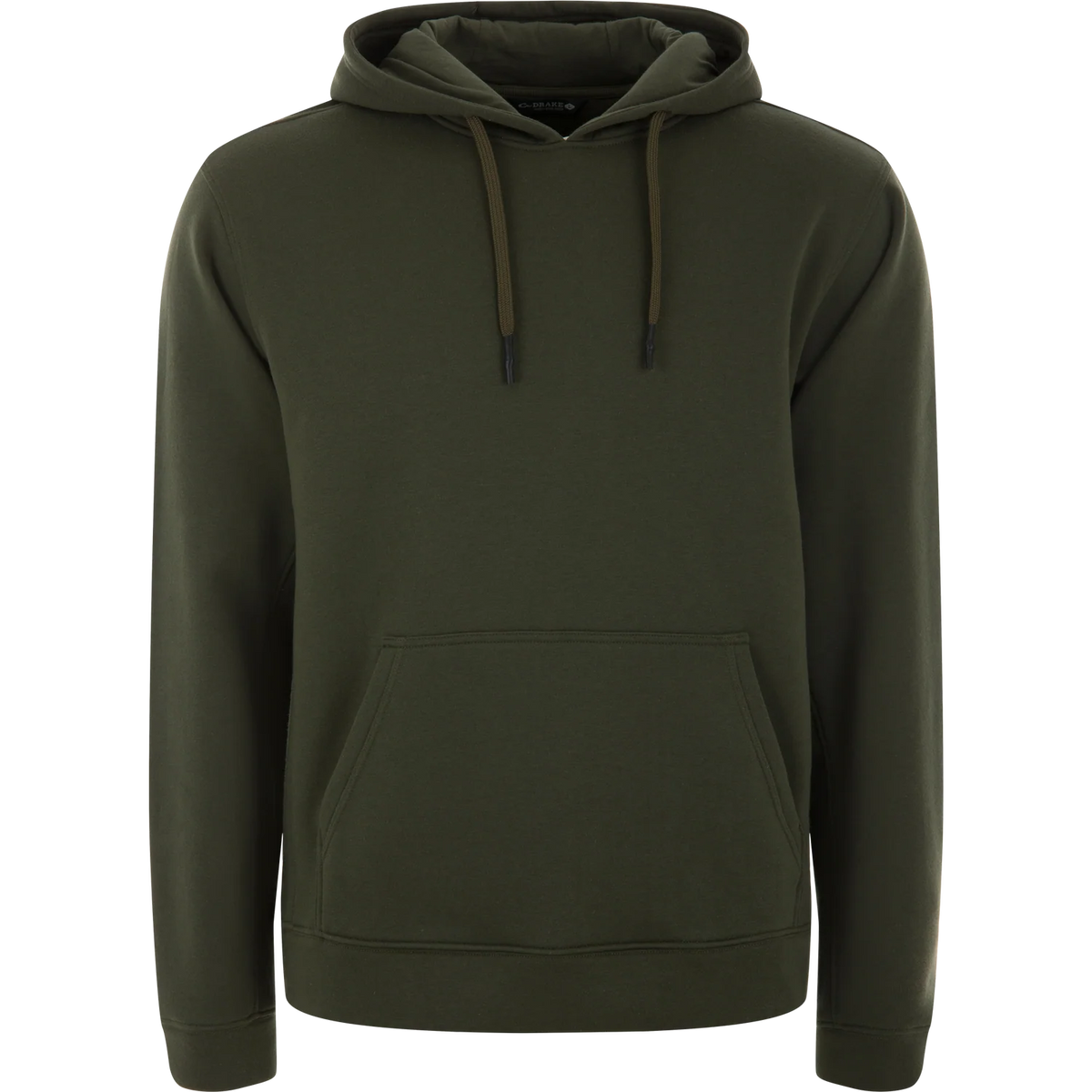 An olive green pullover hoodie with matching drawstrings, a kangaroo pocket, and ribbed cuffs and hem, shown against a plain white background.