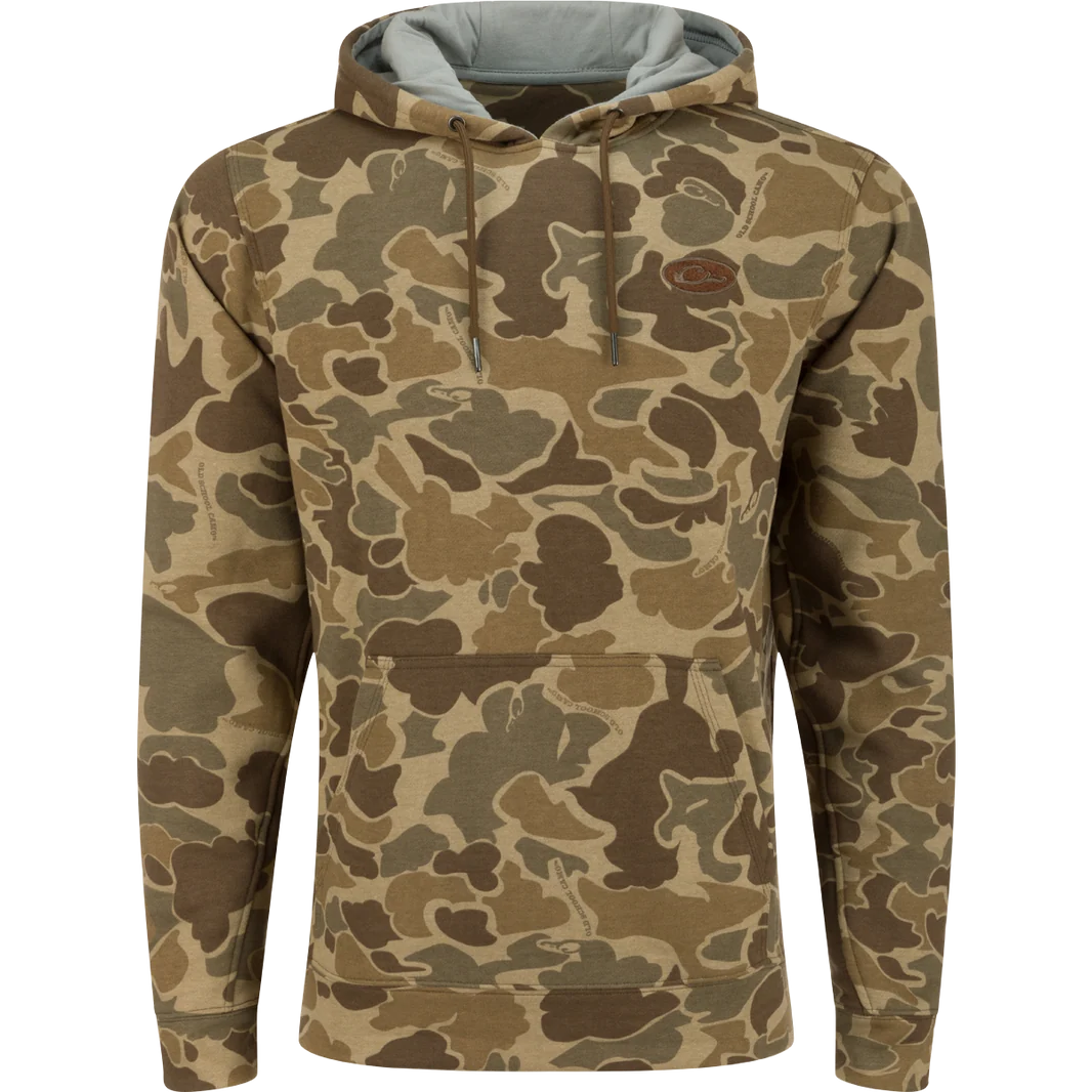 A men's pullover hoodie featuring a classic camouflage pattern in shades of tan, brown, and olive green. The hoodie has a kangaroo pocket, ribbed cuffs and hem, and a hood with gray lining and drawstrings.