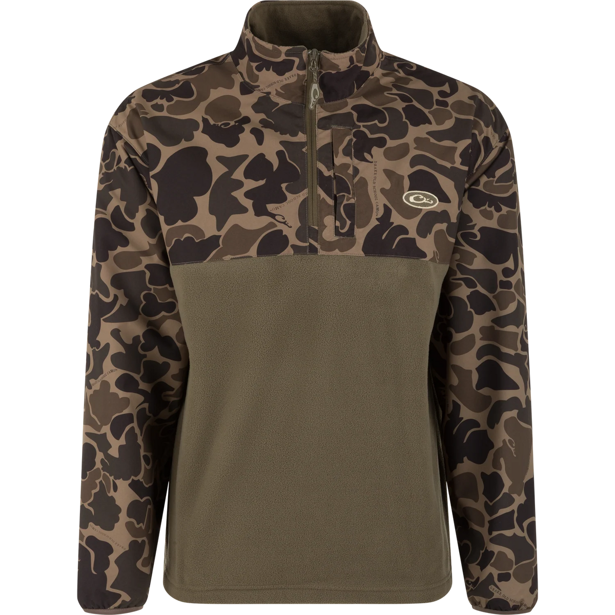 A men's quarter-zip fleece pullover with a color-blocked design. The upper chest, shoulders, and sleeves feature a brown and black camouflage pattern, while the lower torso panel is a solid olive green.