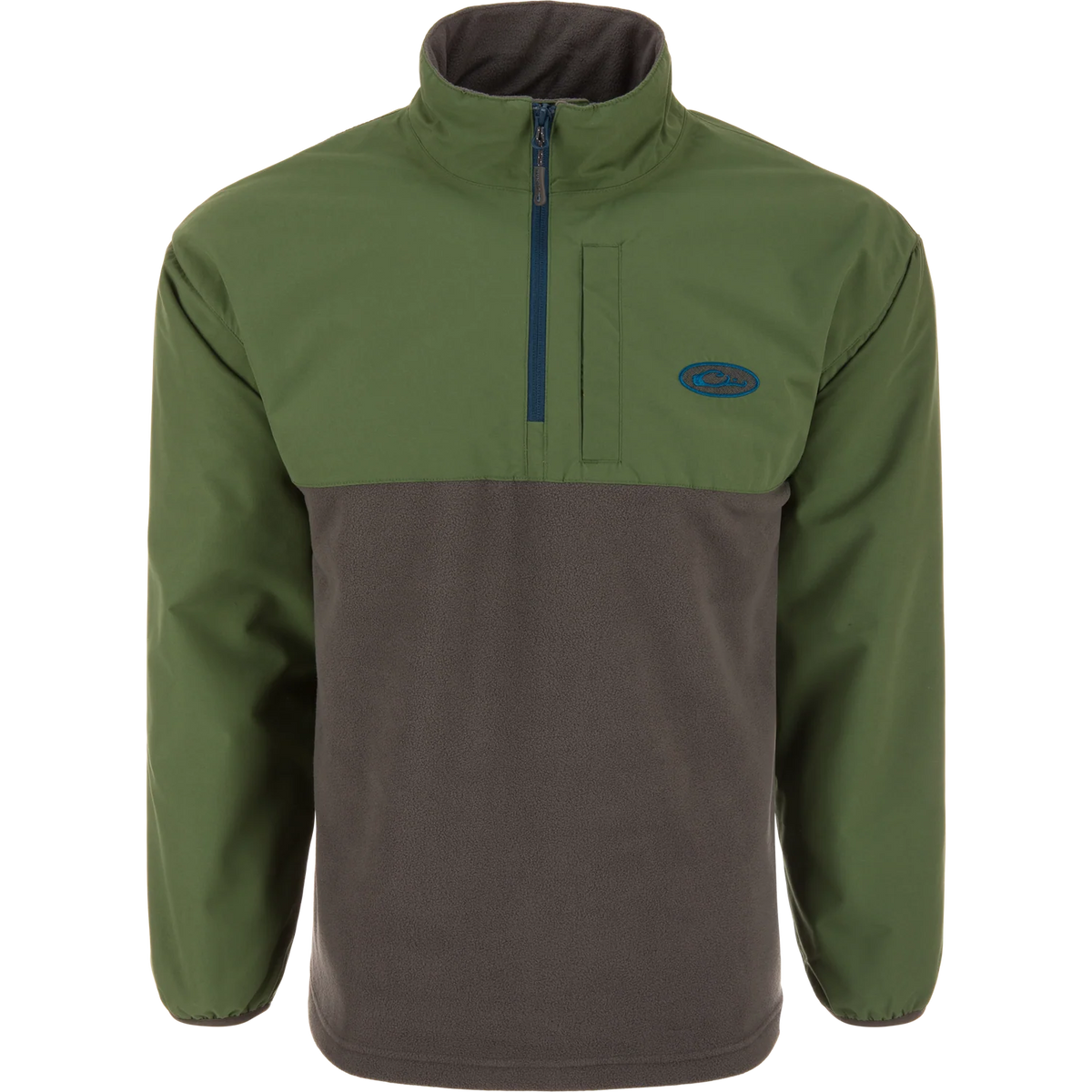 Green and gray pullover with a brand logo on a white background