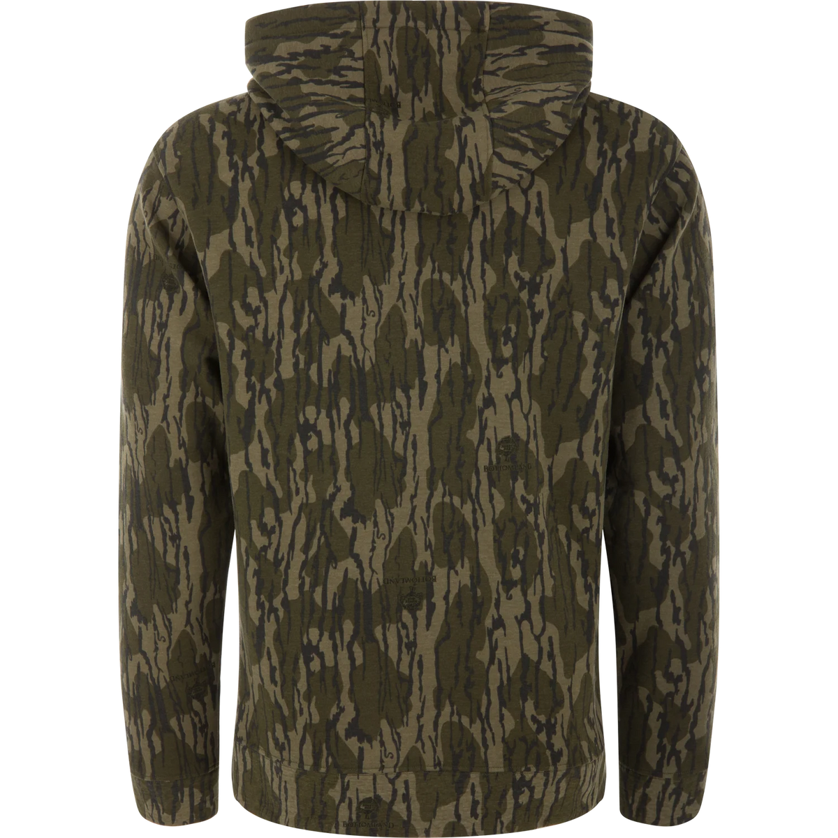 A hooded jacket shown from the back, featuring an all-over vertical bark-like camouflage pattern in olive green, brown, and black, on a plain white background.