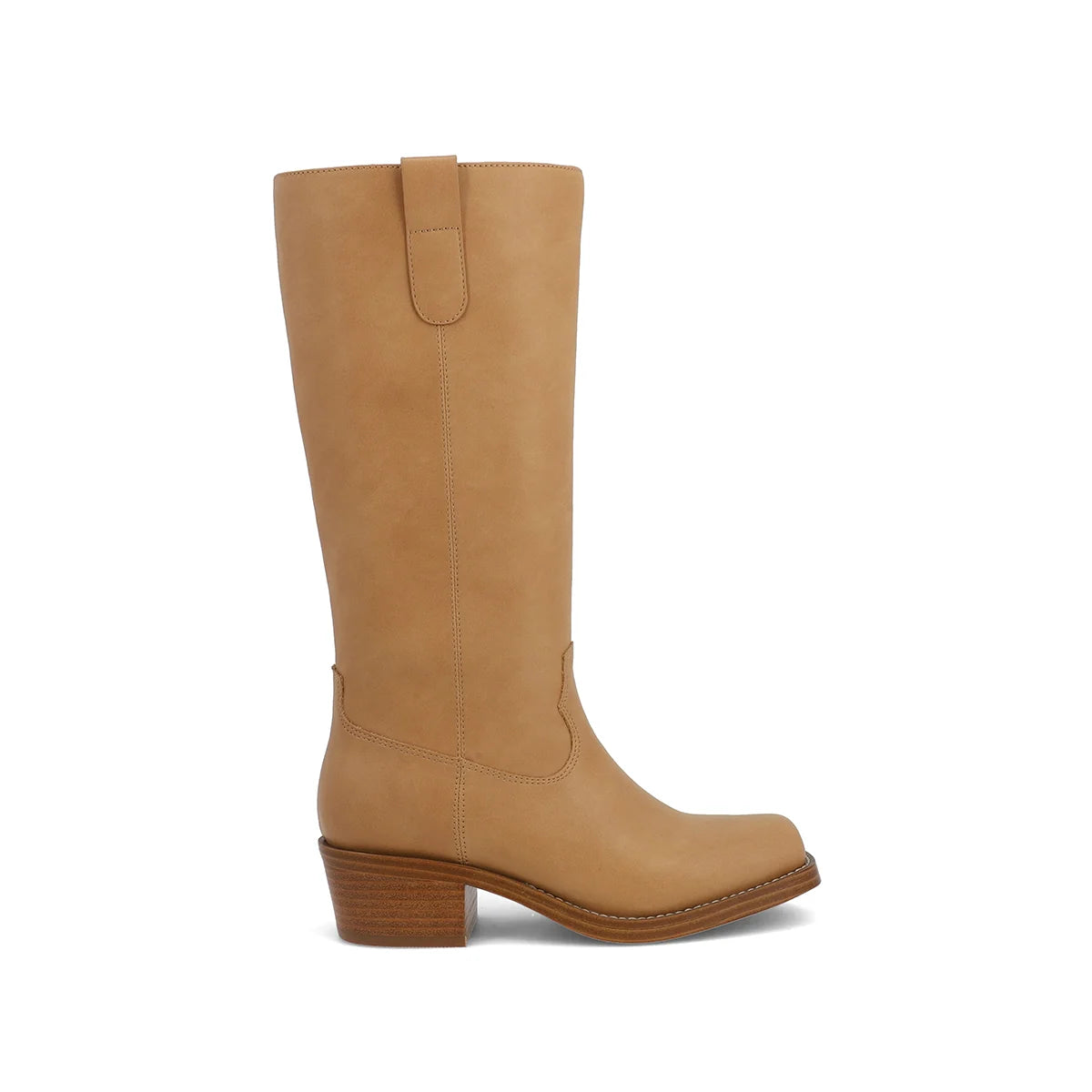 A mid-calf western-style boot in tan suede, shown from a side profile view against a plain white background.