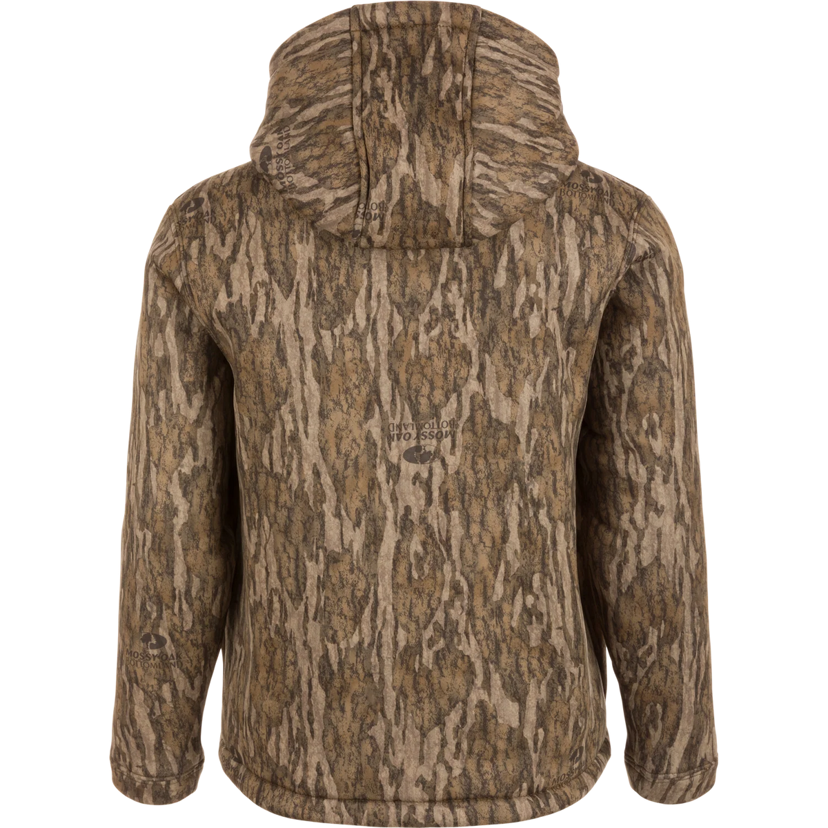 The back view of a hooded jacket featuring a realistic brown and beige tree bark camouflage pattern, with a small 'Hunt Smart' logo printed on the center back.