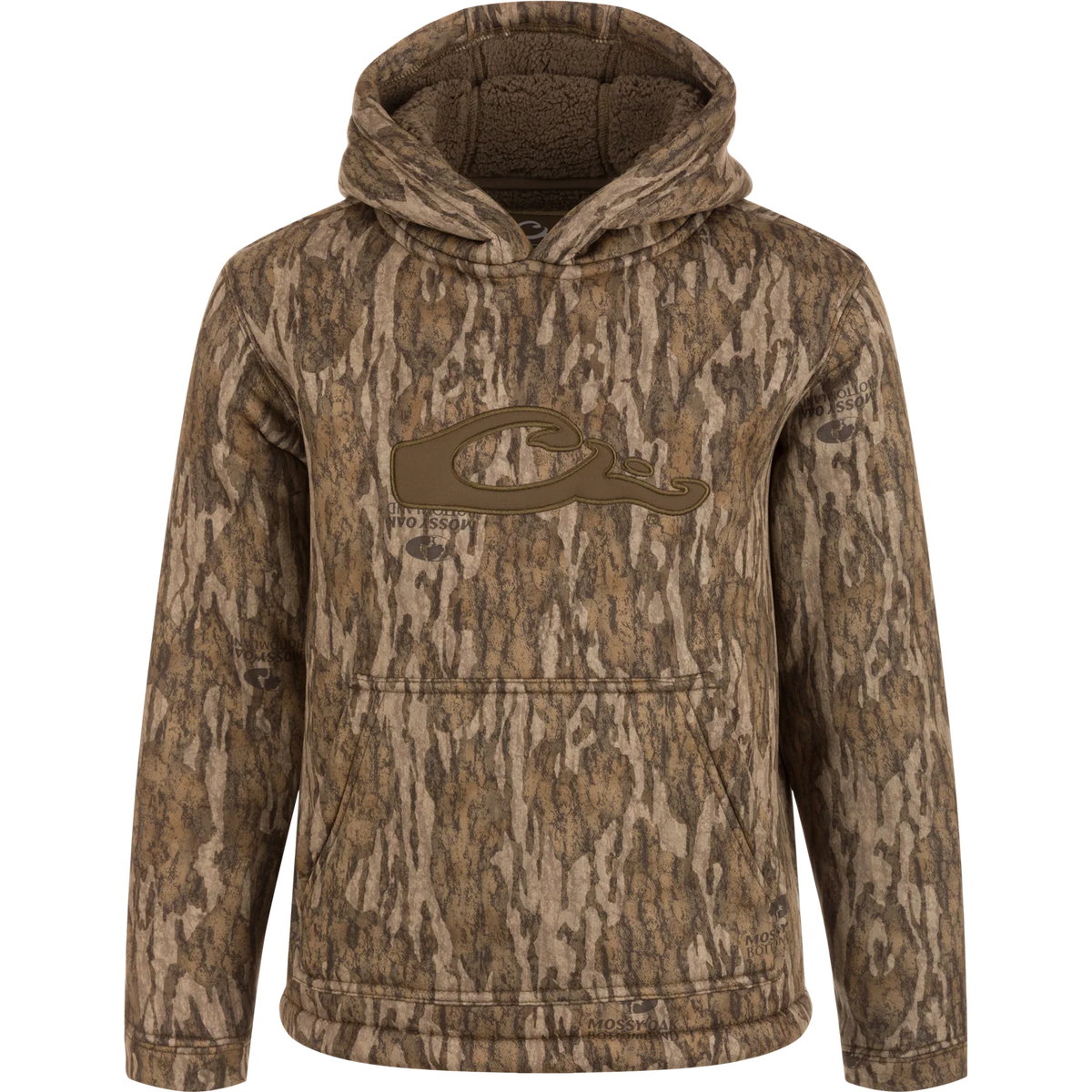 A kids' pullover hoodie in a brown and tan woodland tree-bark camouflage pattern, featuring a tonal dark brown chest logo with a duck silhouette and the text 'WILD GAME'. The hoodie has a fleece-lined hood and a front kangaroo pocket, shown against a plain white background.