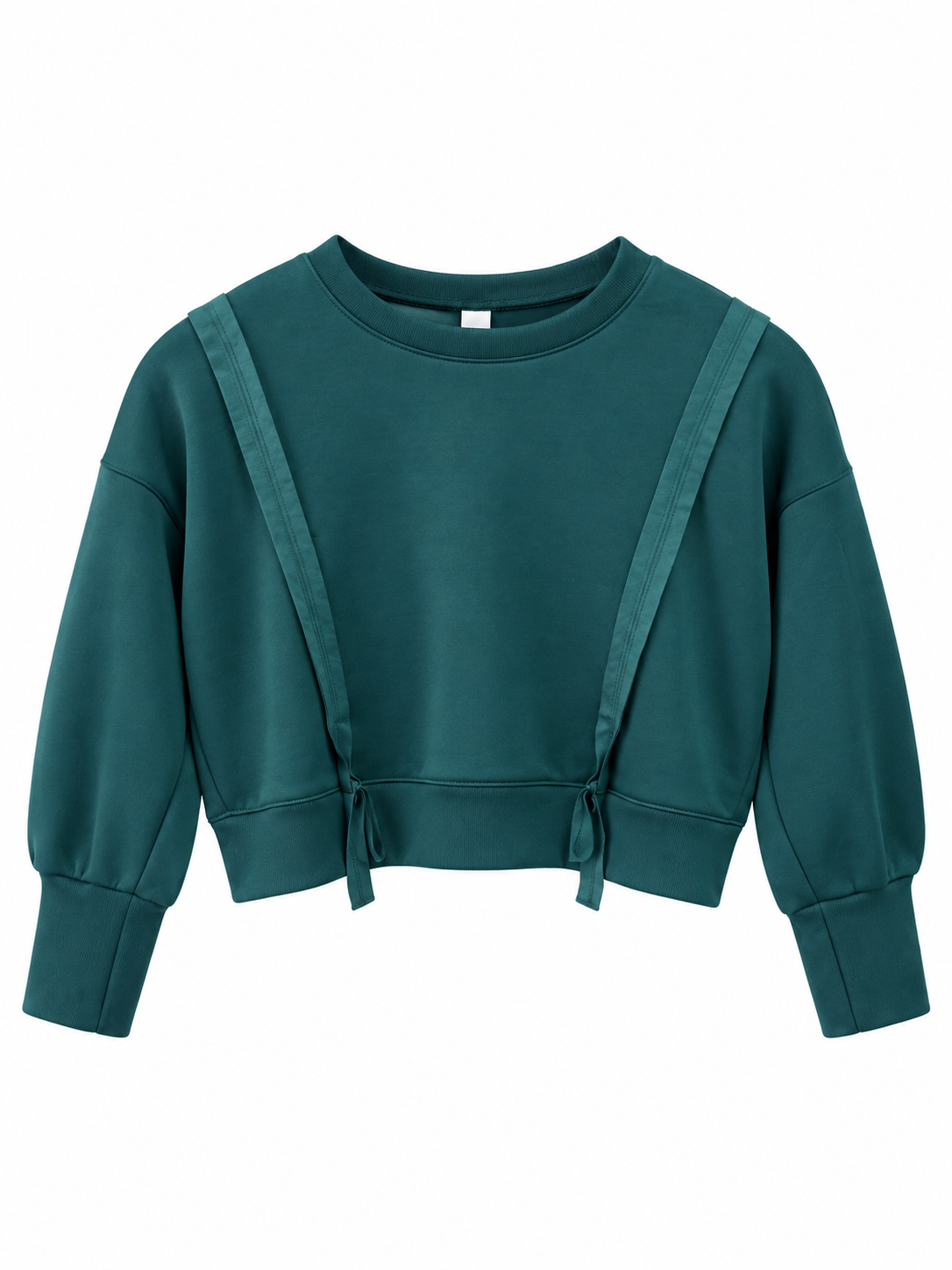 A dark teal green cropped sweatshirt with long balloon sleeves and matching fabric shoulder straps tied at the hem, shown flat on a white background.