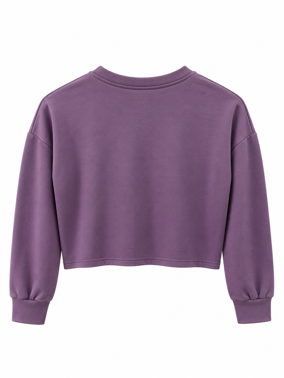 A purple cropped long-sleeve sweatshirt with a crew neck, displayed flat against a solid white background.
