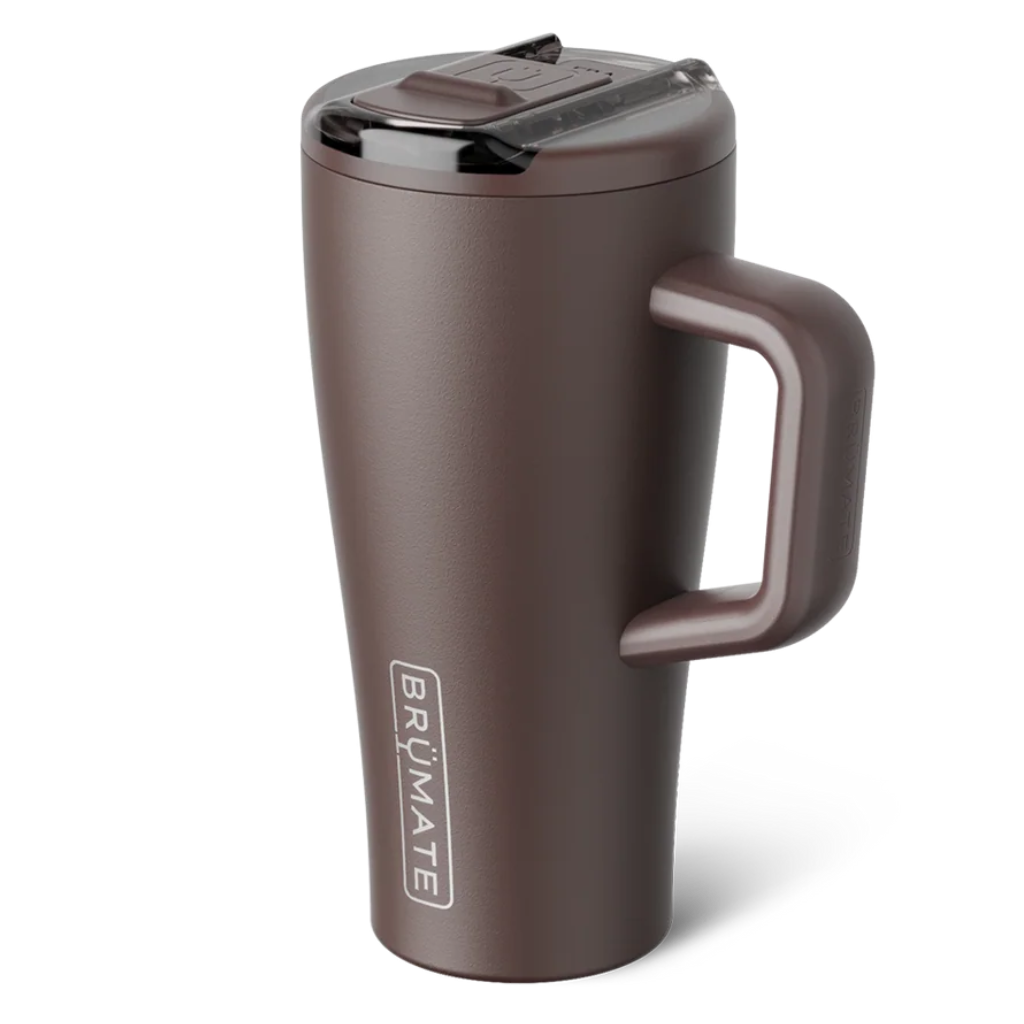 A matte dark brown travel tumbler with a matching handle and lid, featuring the vertical BRUNATE logo on the side, set against a plain white background.