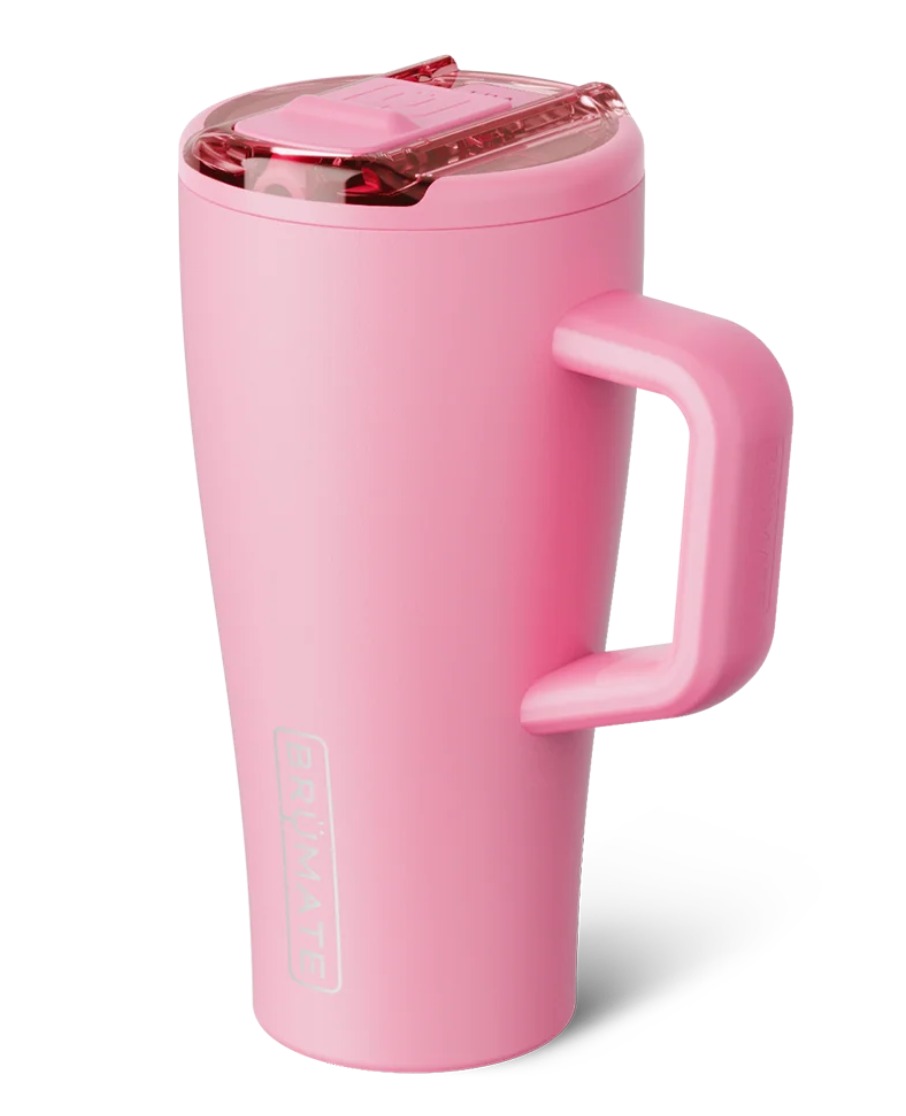 A pink insulated travel tumbler with a matching pink handle and lid, shown on a clean white background.