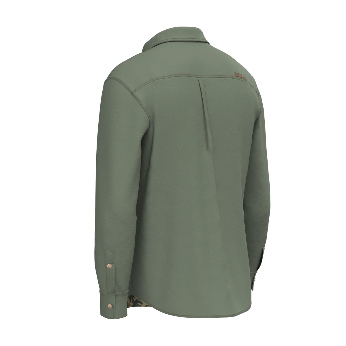 An olive green long-sleeve button-up shirt shown from the back, featuring a vertical center back pleat and a small brown brand tab on the upper right shoulder, set against a plain white background.