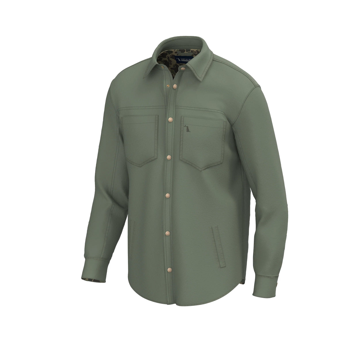 An olive green long-sleeve button-up shirt with two chest pockets, displayed on a clean white background.