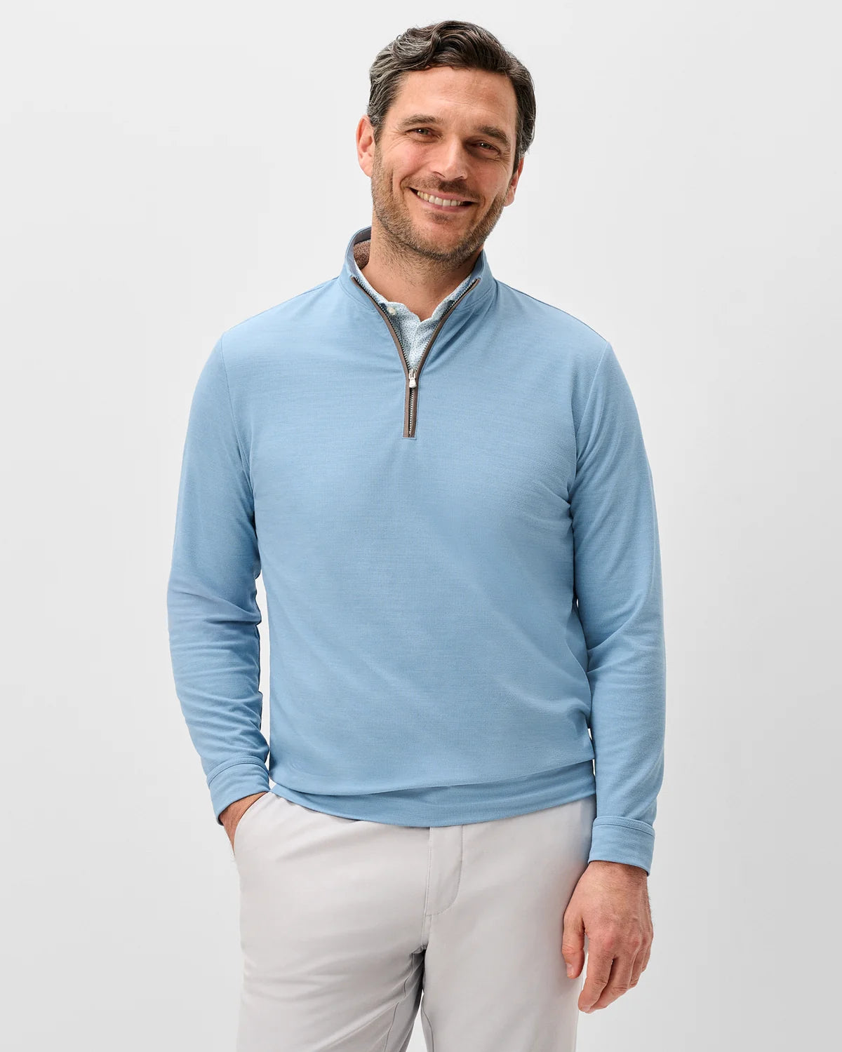 A smiling man wearing a light blue long-sleeve quarter-zip pullover and gray pants, standing in front of a white background. 