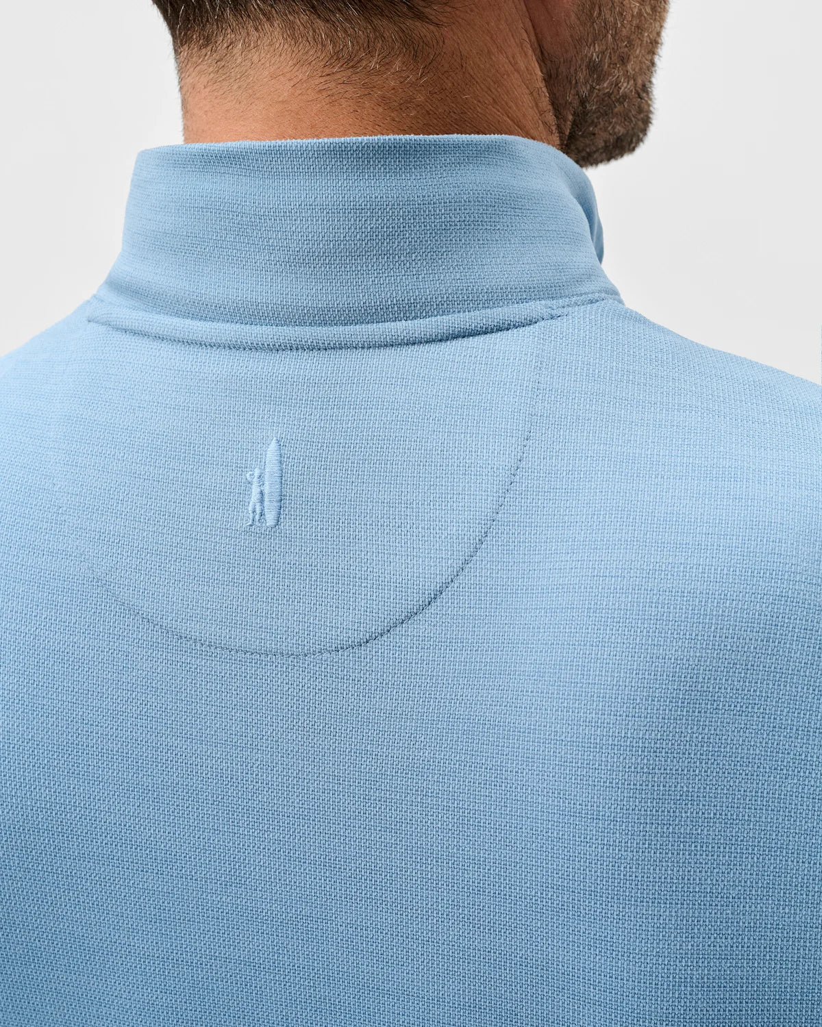 Close up view of the collar on a blue jacket.