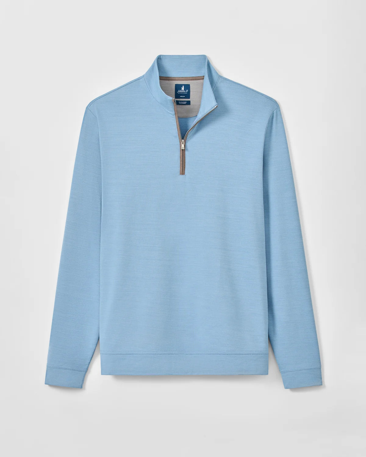 A blue long-sleeve quarter-zip pullover in front of a white background. 