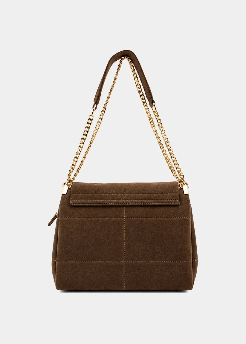 Back view of a brown suede shoulder bag with gold chain strap and front flap pocket.