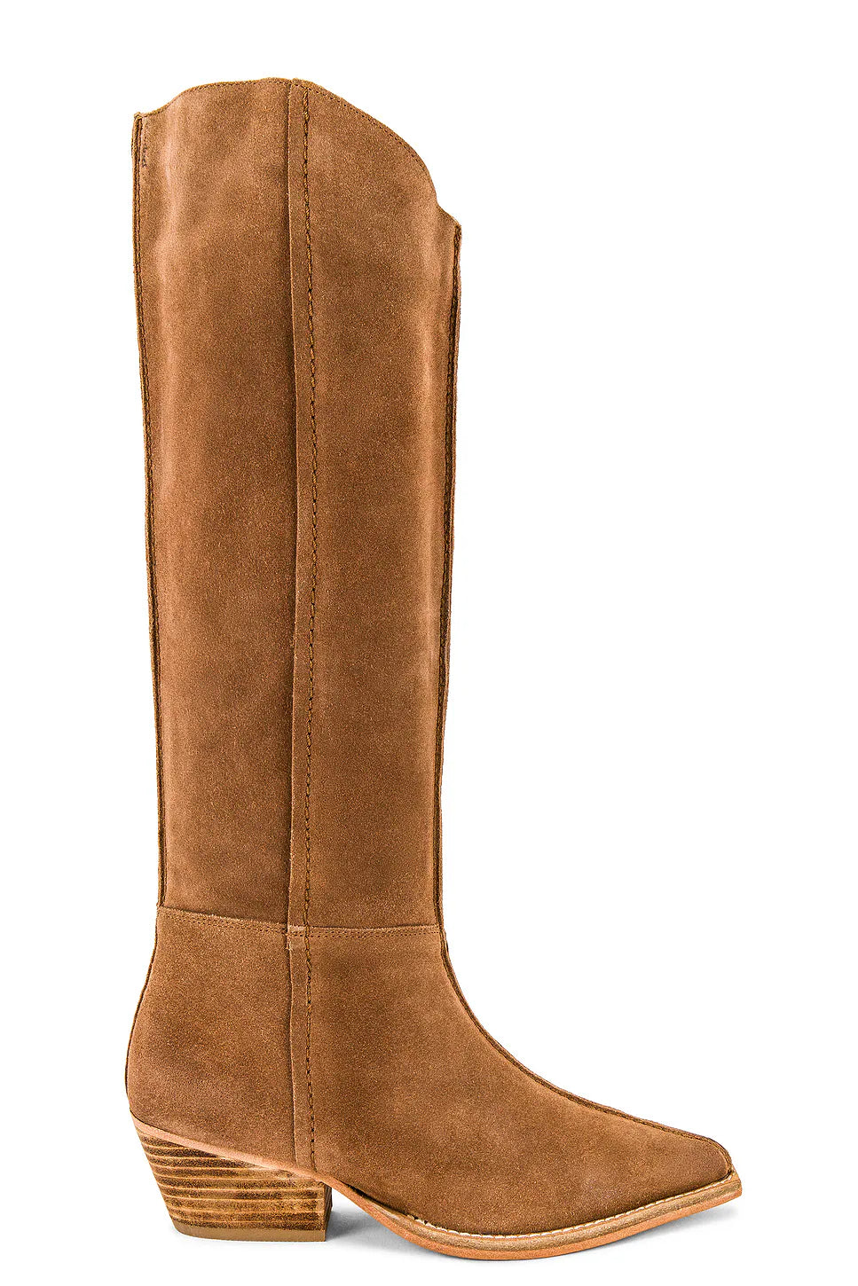 A single knee-high brown suede boot with a pointed toe and stacked wood-look heel, shown from a side profile on a white background.
