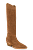 A single knee-high brown suede boot with a pointed toe and stacked wood-look heel, shown from a side profile on a white background.