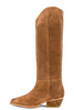 A single knee-high brown suede boot with a pointed toe and stacked wood-look heel, shown in profile against a plain white background.