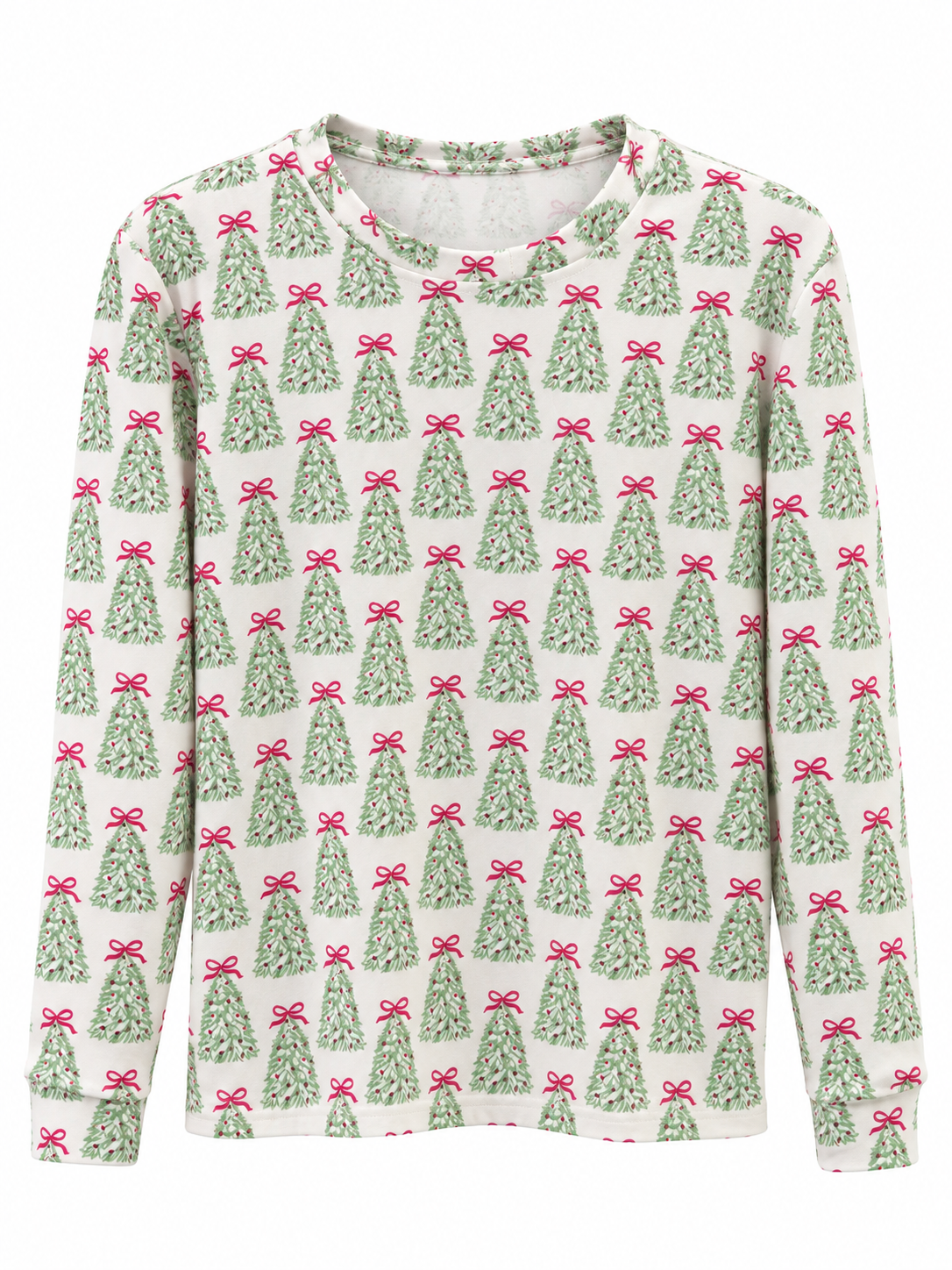 A long-sleeve crewneck top featuring an all-over Christmas tree print on an off-white background, with green trees and pink bows.