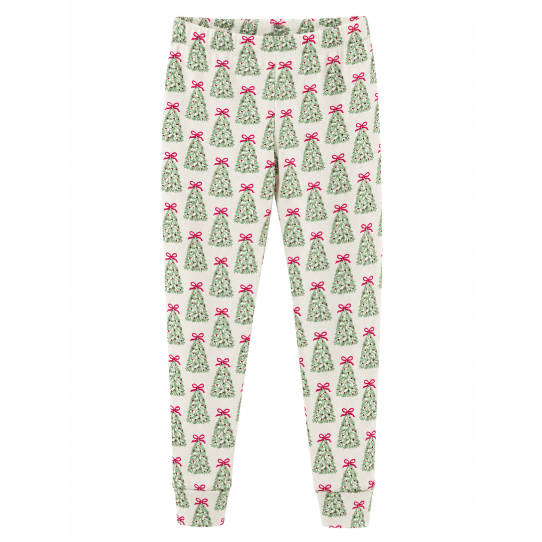 A pair of children's leggings with an all-over Christmas tree print on an off-white background. The pattern features green pine trees decorated with small red bows.