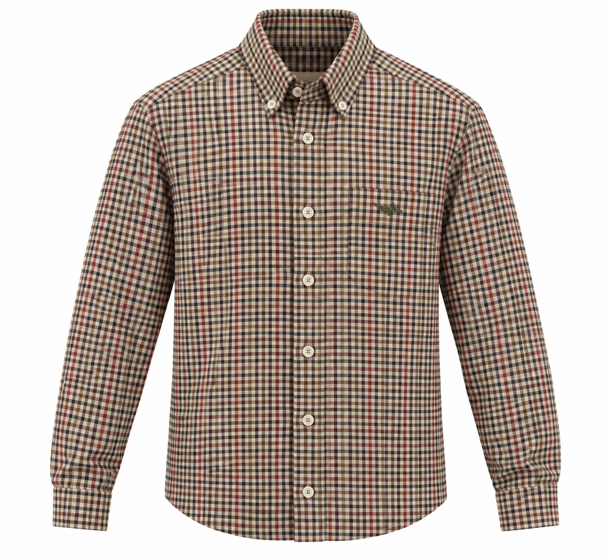 Close-up of a plaid button-up shirt fabric with a chest pocket and a small embroidered Burberry logo.