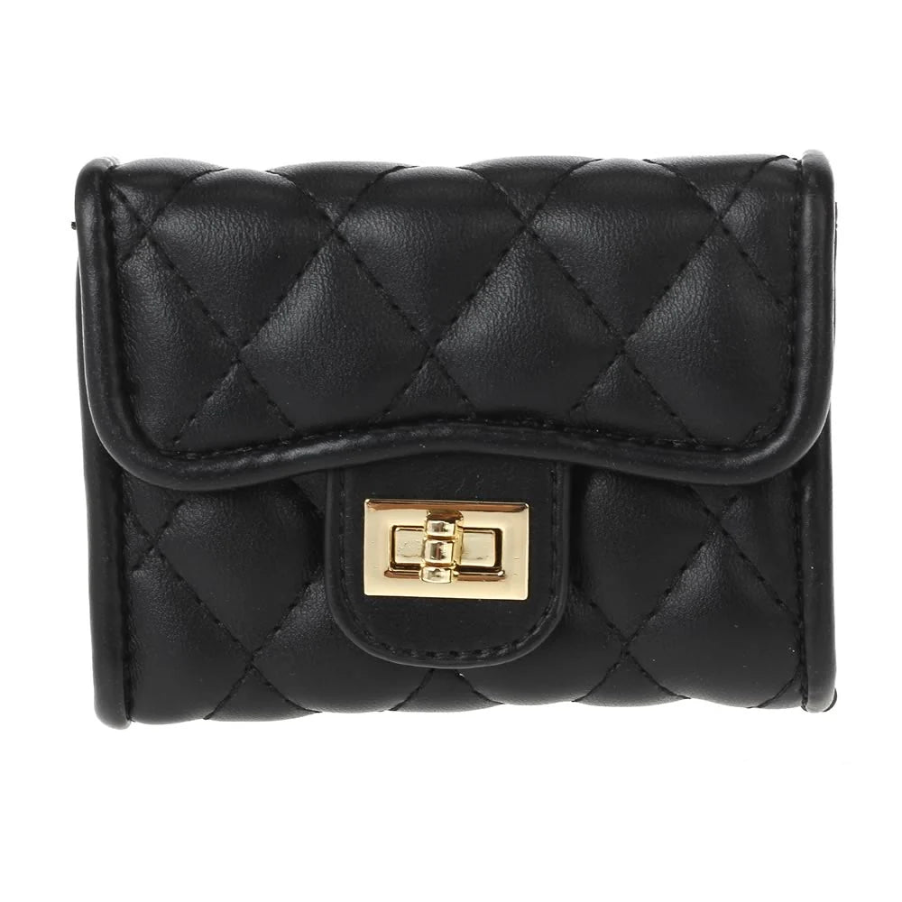 Black quilted wallet with a gold clasp on a white background