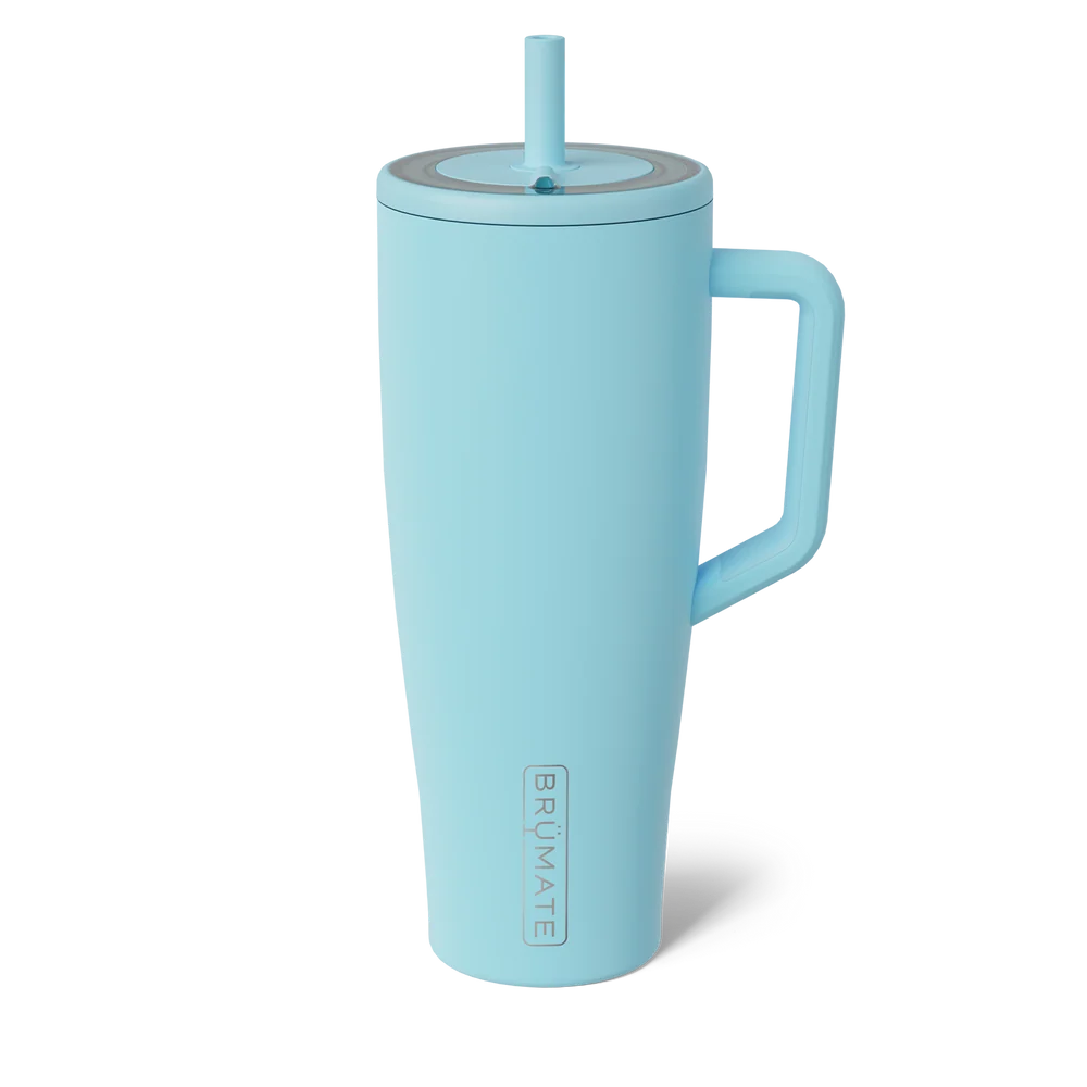A light blue insulated travel tumbler with a matching handle, lid, and straw, featuring the BRYMATE logo near the bottom, shown on a clean white background.