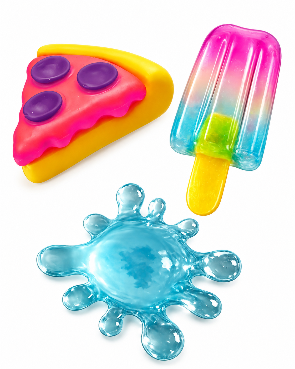 Three colorful translucent toy-like shapes on a white background: a slice of pizza with pink topping and purple circles, a rainbow popsicle with yellow stick, and a blue splatter shape.