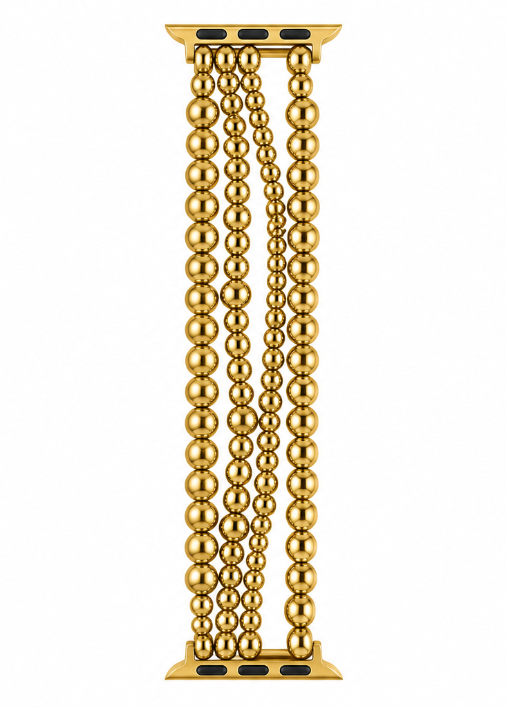 Gold-plated watch band featuring a vertical column of polished spherical beads suspended between rectangular gold-toned end plates, shown on a plain white background.