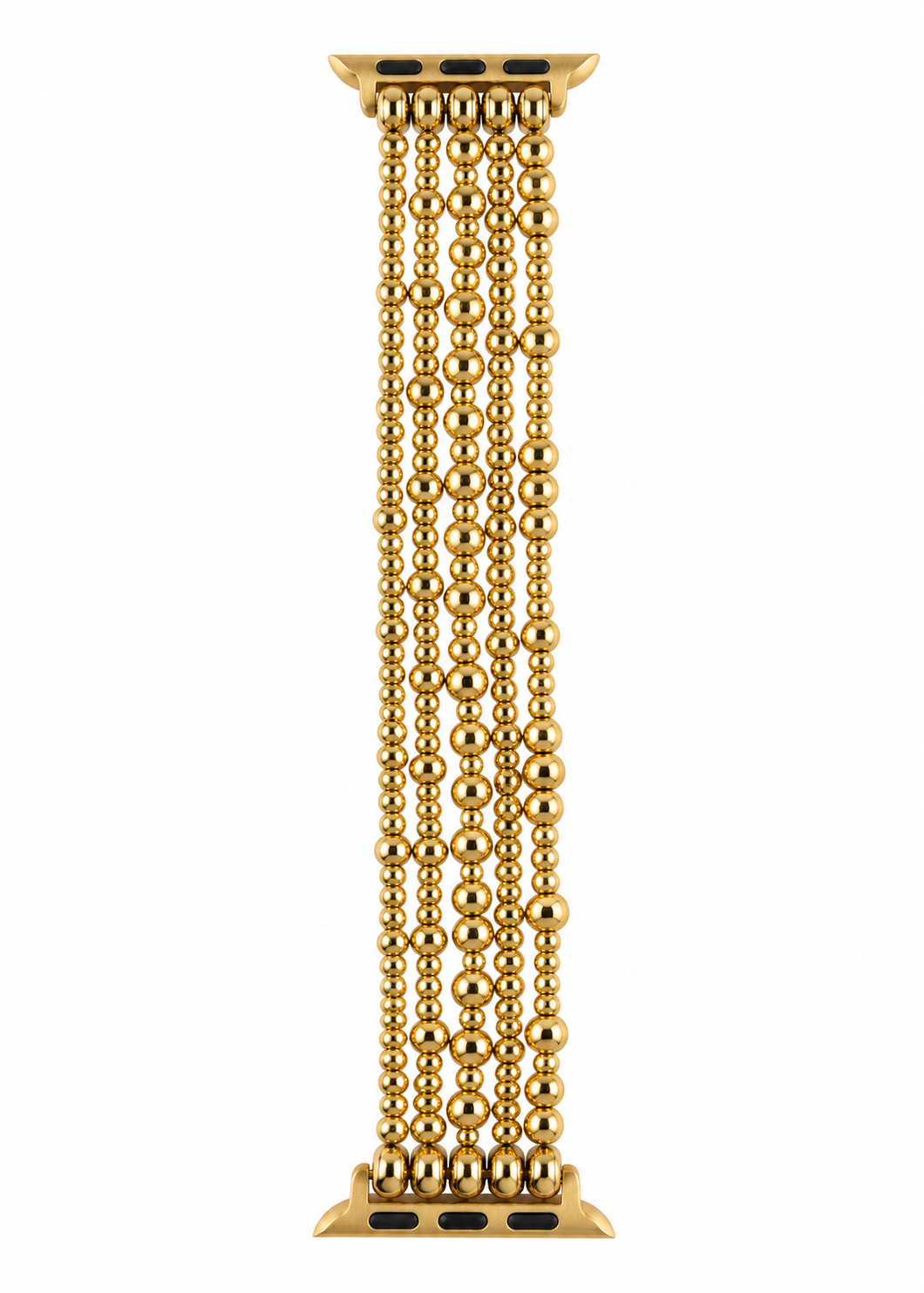 A gold-plated multi-strand beaded watch band with a rectangular connector at the top and bottom, shown against a plain white background.