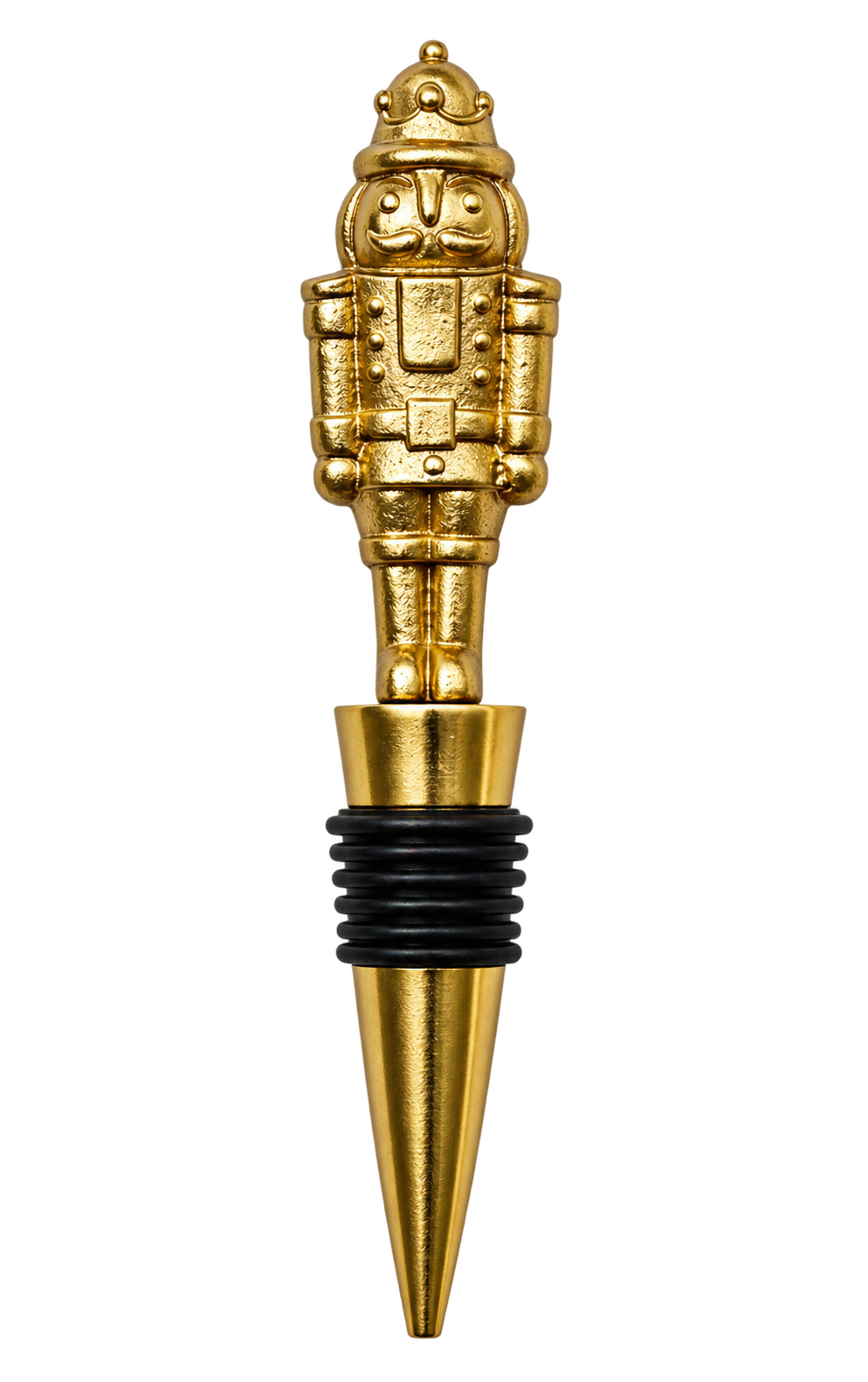 A gold-plated metal wine bottle stopper shaped like a nutcracker soldier, featuring a black rubber grommet band in the middle, isolated on a white background.