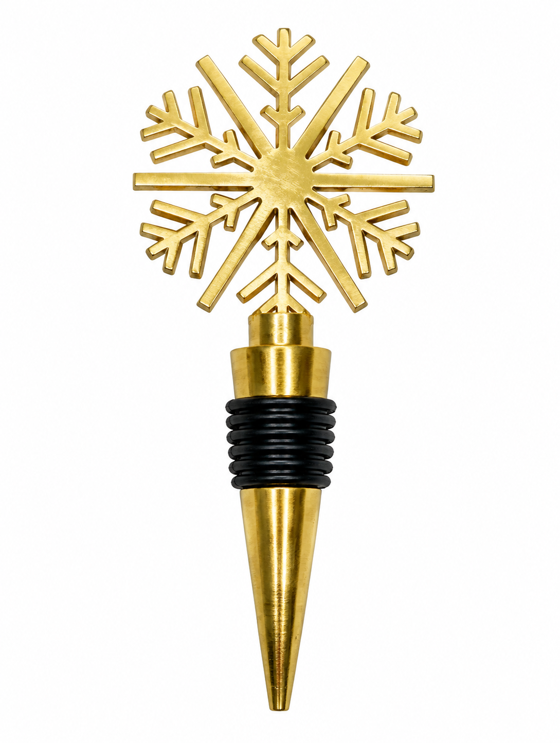 A gold-toned metal wine stopper featuring a detailed snowflake design on the top and a black rubber grommet band in the middle, set against a plain white background.