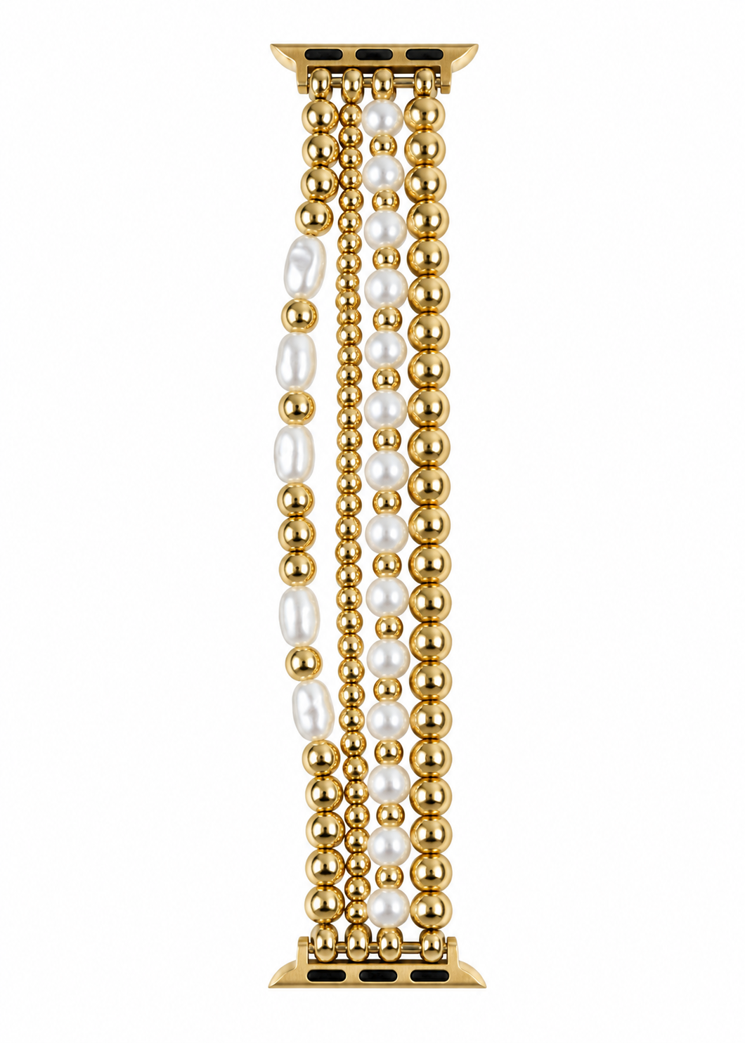 A gold-plated multi-strand beaded watch band featuring alternating strands of polished round gold beads and white baroque pearl beads, shown on a plain white background.