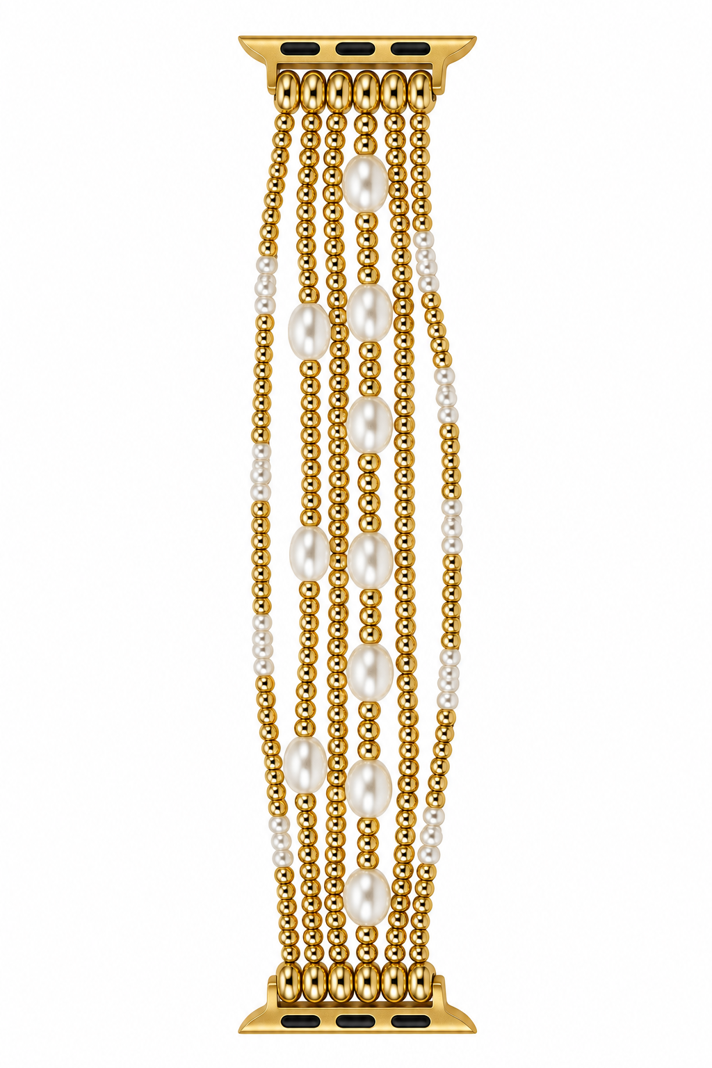 A gold-plated multi-strand bracelet featuring alternating rows of small gold beads and larger white pearls, shown against a plain white background.