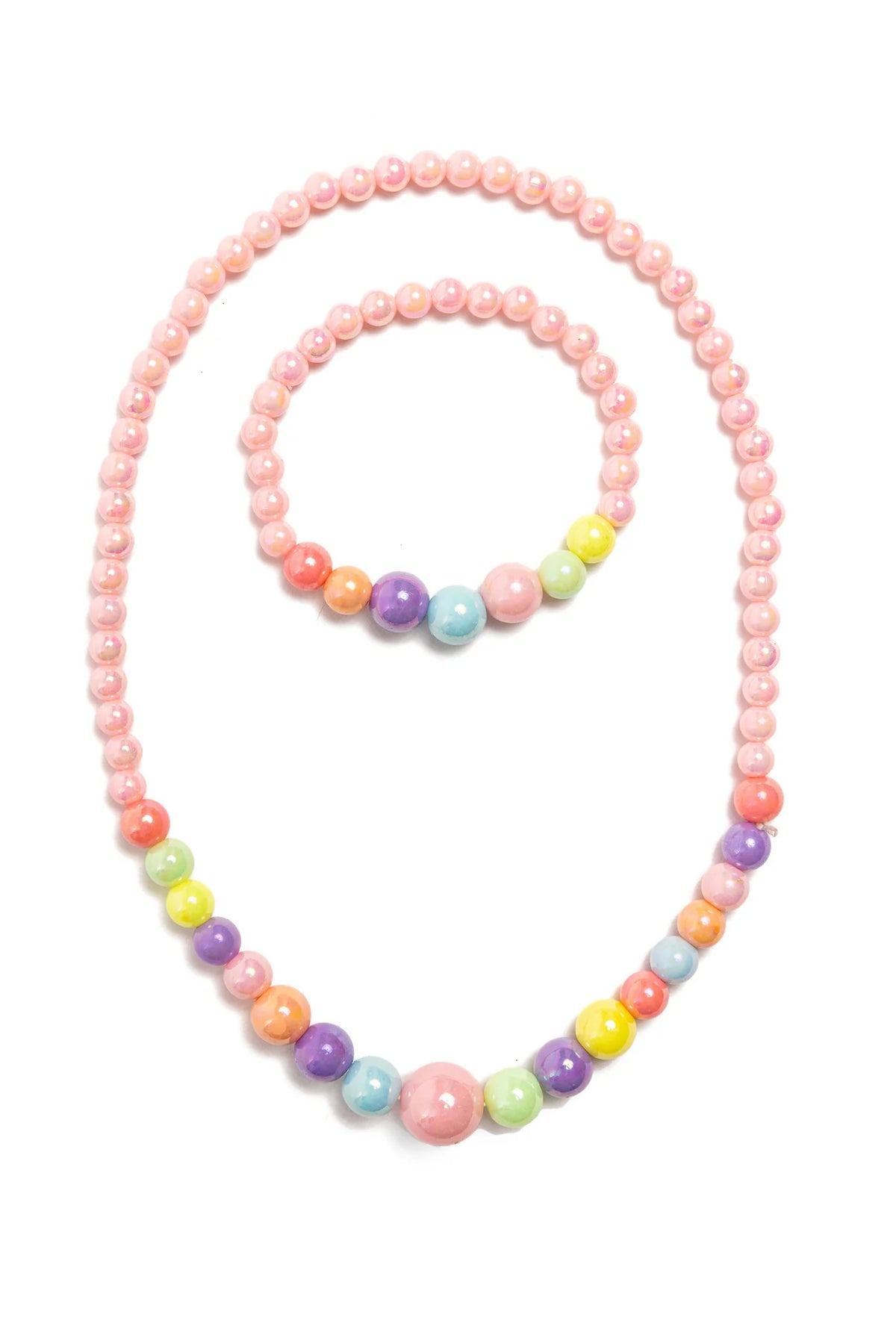 Pink beaded necklace and bracelet set with multicolor round beads on a white background.