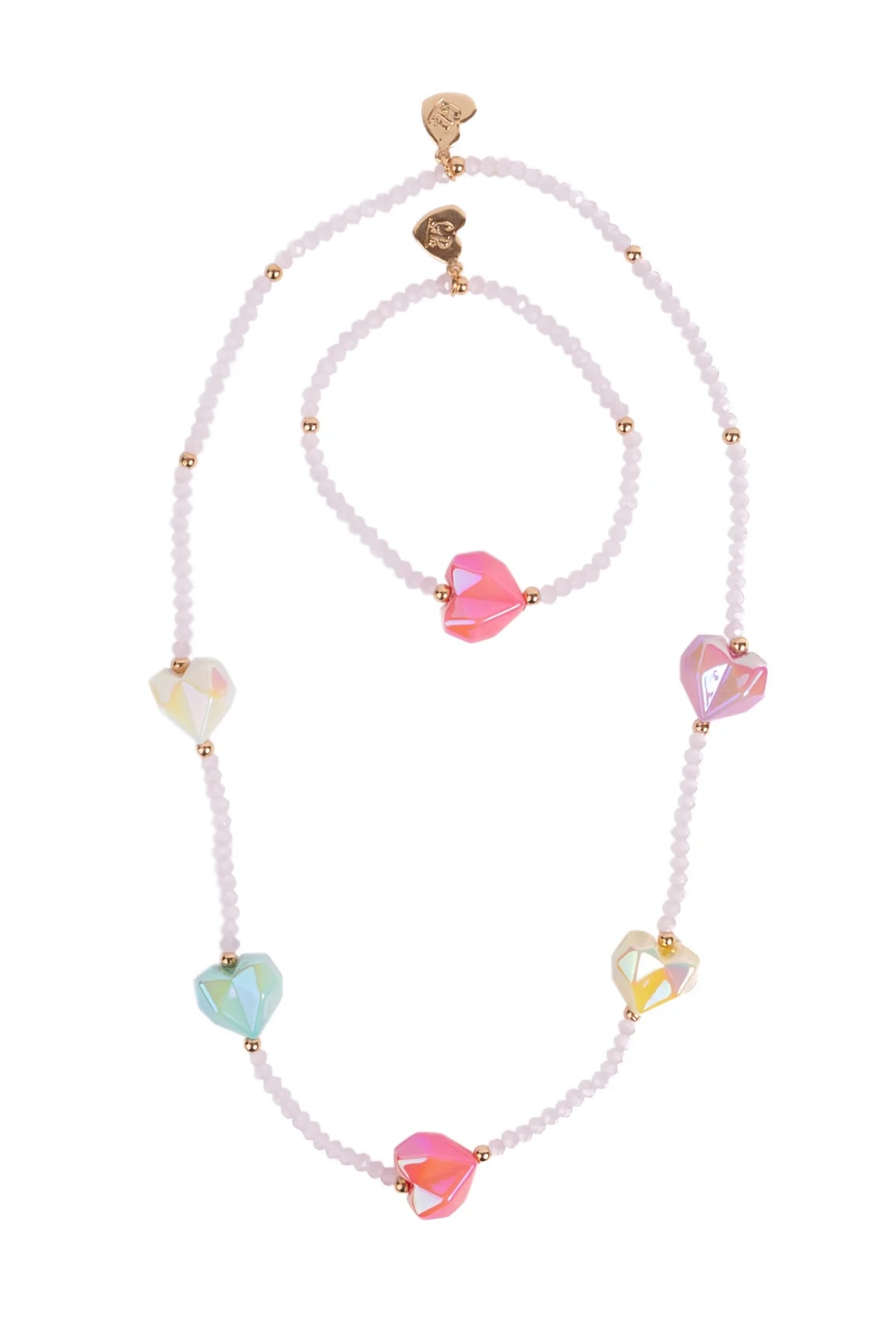 Pink beaded necklace and bracelet set with multicolor heart-shaped beads on a white background.