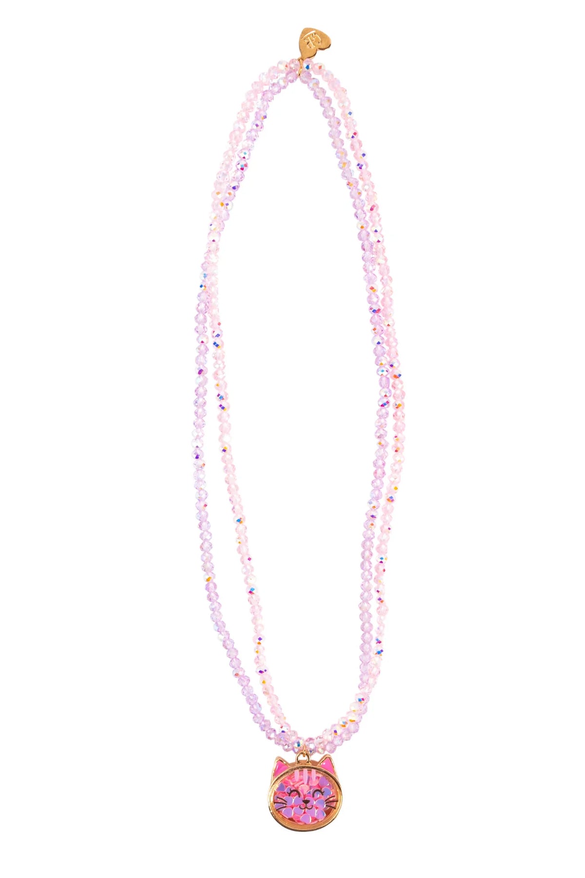 Pink and purple beaded necklace with a cat pendant.