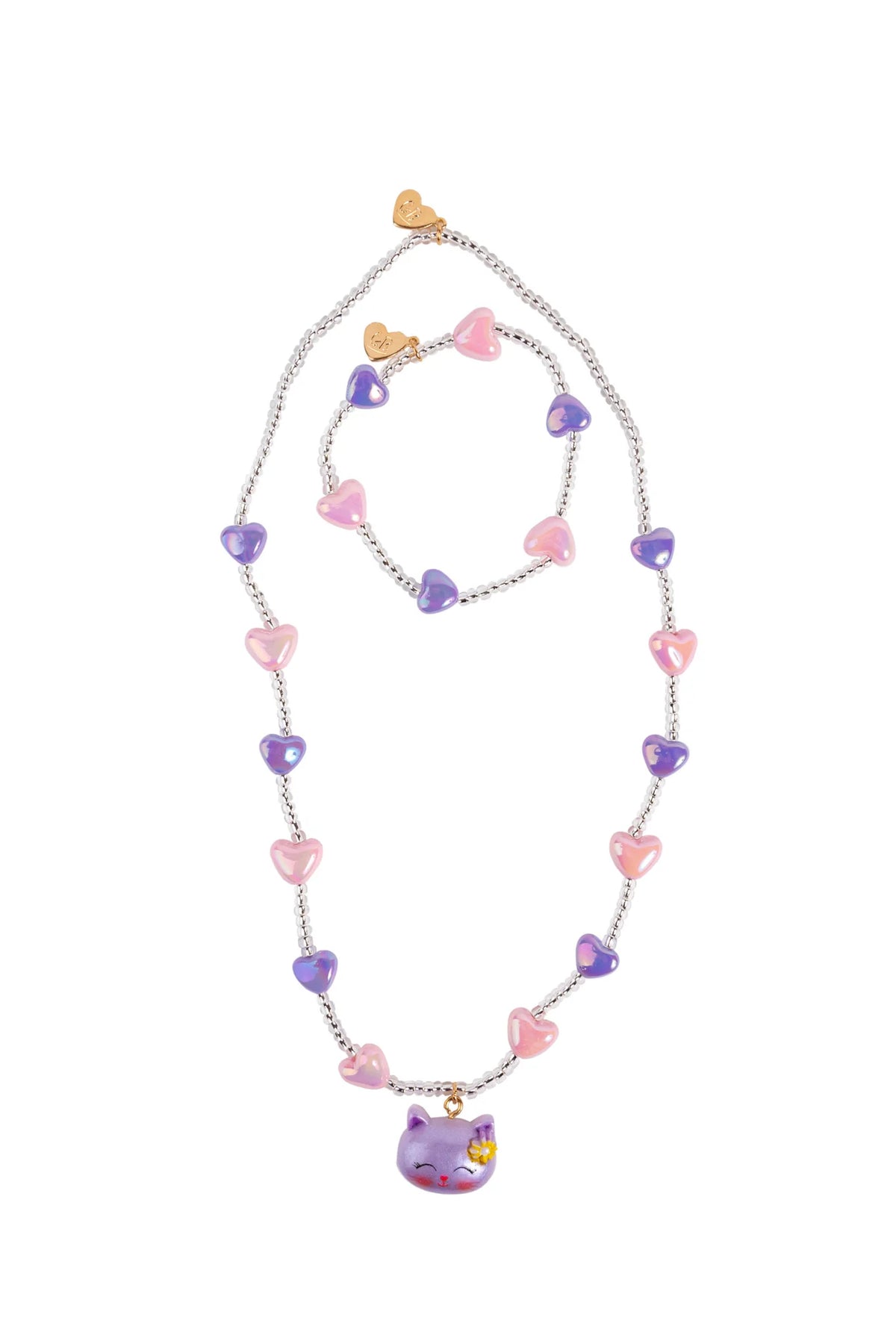 Pink and purple heart bead necklace with a purple cat pendant and matching bracelet on a white background.