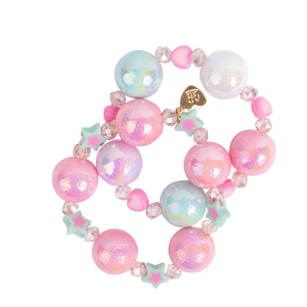 Pastel pink and blue beaded bracelet featuring iridescent beads, heart accents, and mint green star charms on a white background.