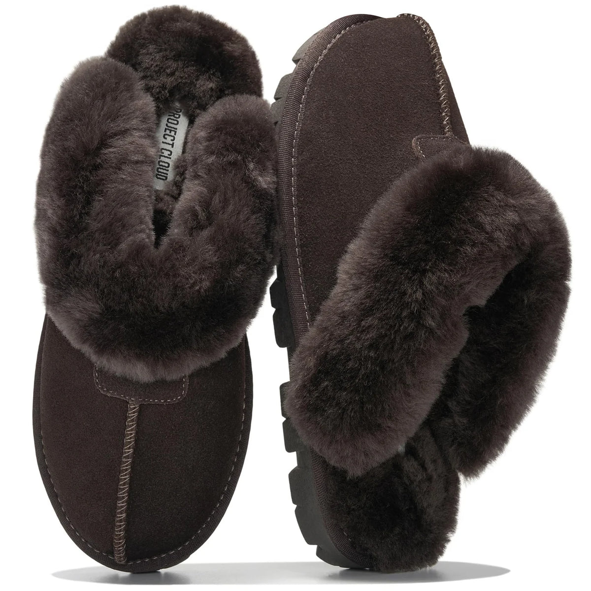 A pair of dark brown suede slip-on slippers with thick, plush dark brown faux fur trim, shown from both the top and side views on a white background.