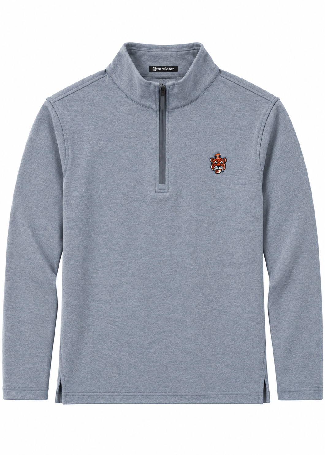 A light heather gray long-sleeve quarter-zip pullover sweatshirt with a small embroidered crest on the left chest, displayed on a clean white background.