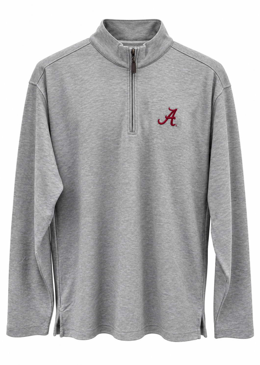 A heather gray long-sleeve quarter-zip pullover with a small red embroidered script letter 'A' on the left chest, displayed on a clean white background.