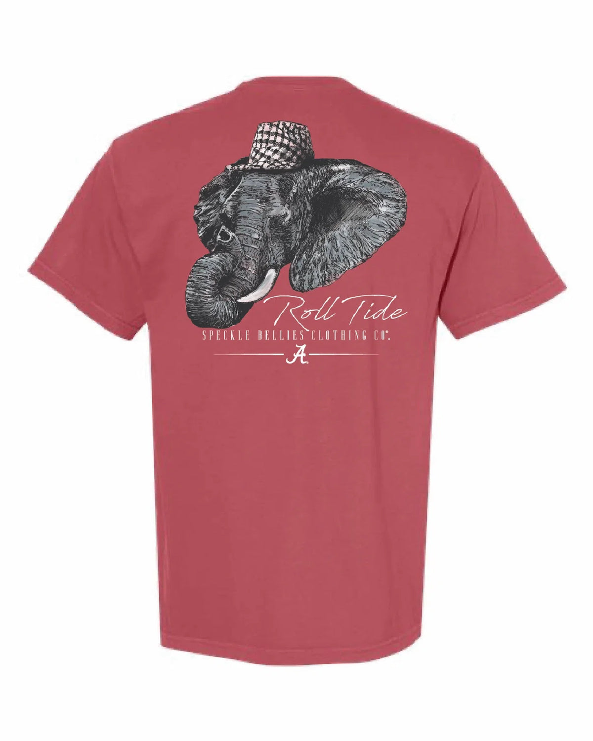 Red t-shirt with an elephant graphic and 'Roll Tide' text on a white background