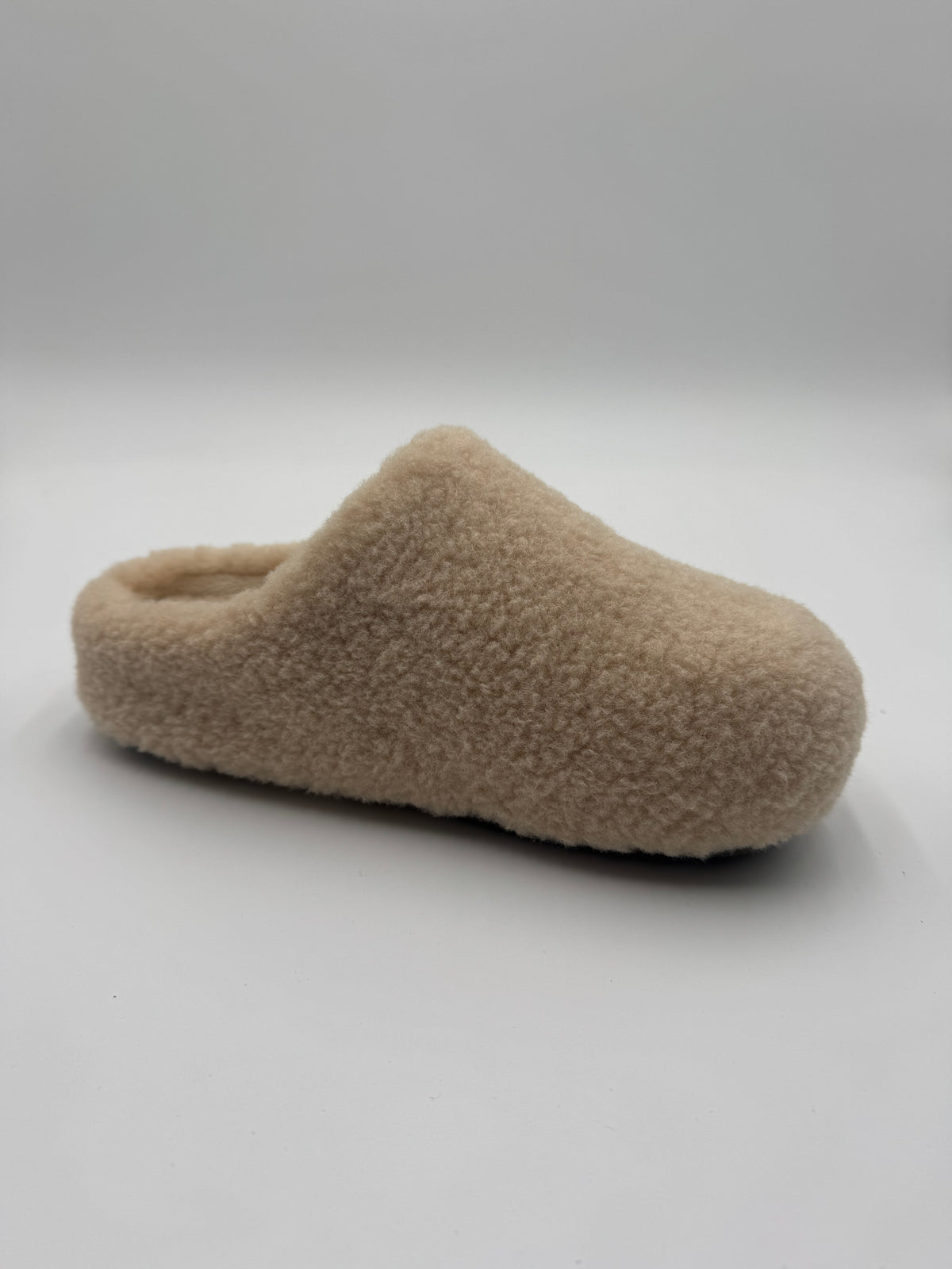 A single beige sherpa fleece slipper shown from a side profile on a light gray studio background.
