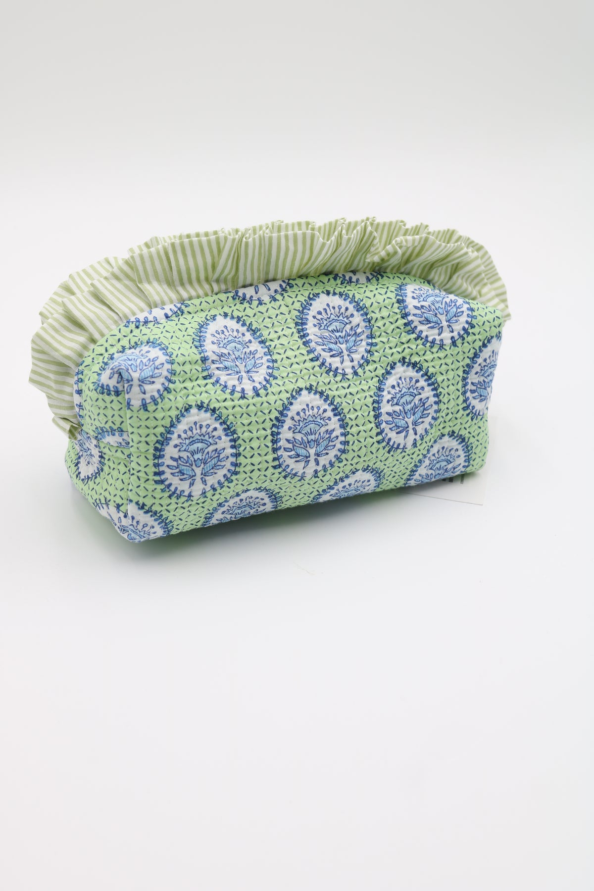 A small fabric pouch or clutch with a ruffled top edge, featuring a light green and white striped fabric trim and a light green body with a blue and white floral pattern.